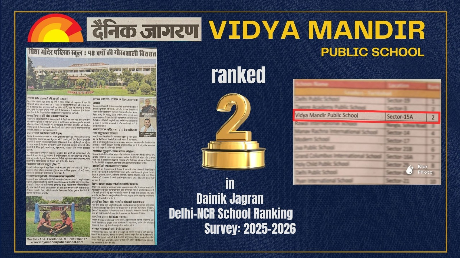 Vidya Mandir Public School ranked #2 in the Dainik Jagran Delhi-NCR School Ranking Survey 2025-2026
